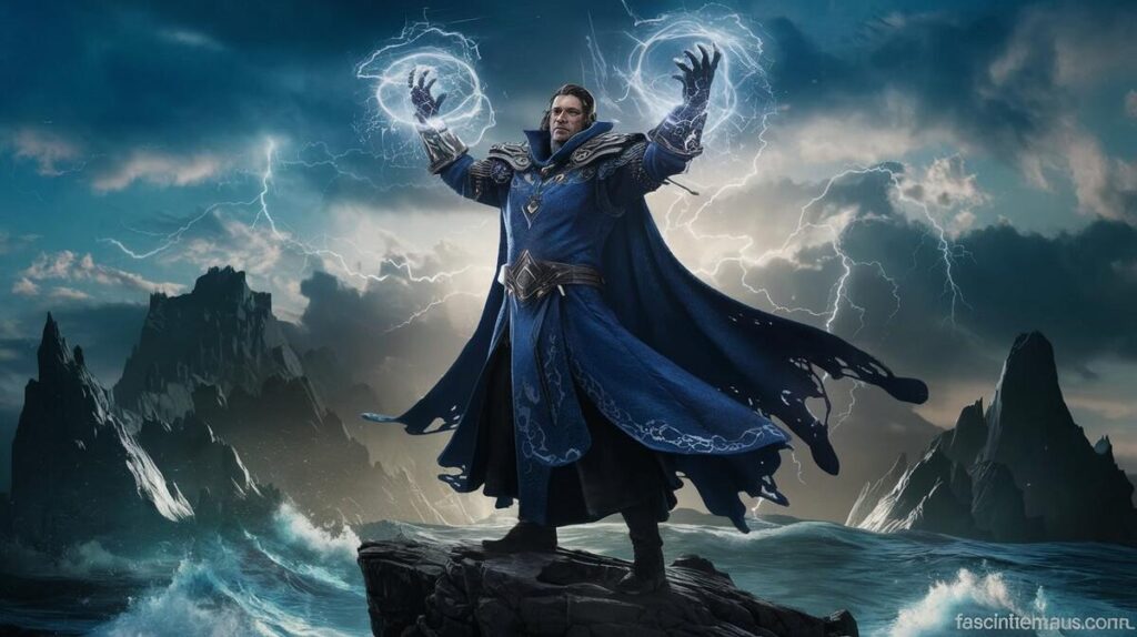 A man in a blue robe stands on a rock, lightning crackling from his hands, creating a dramatic scene.