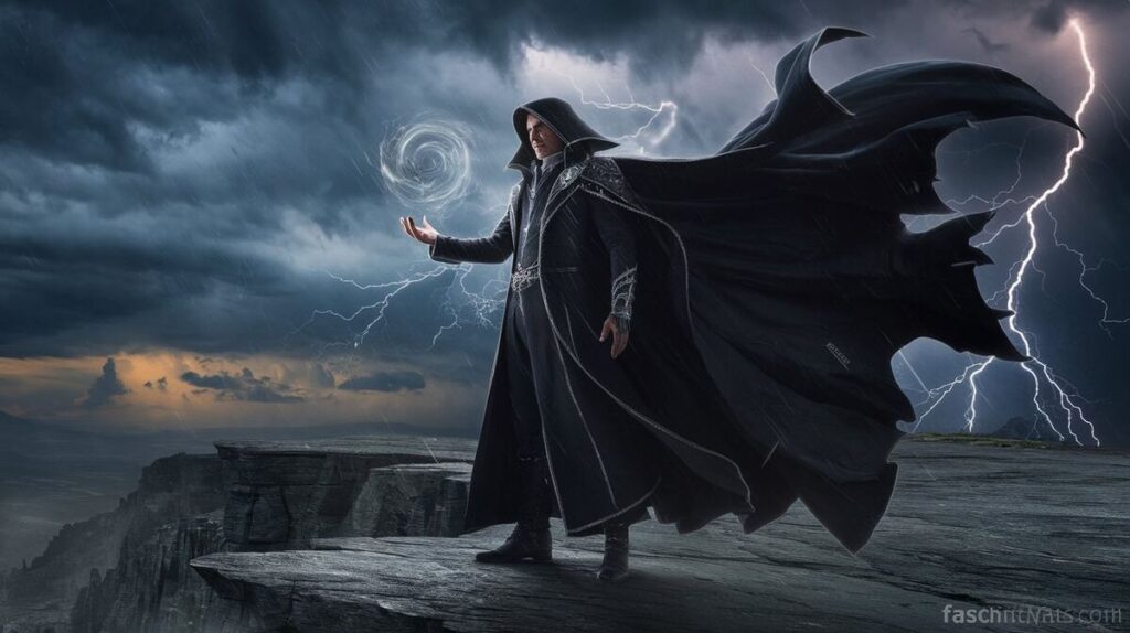 A man in black robes stands on a cliff, dramatic lightning flashing in the stormy sky behind him.