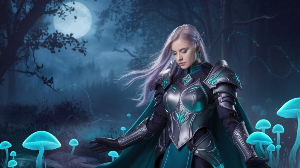 A beautiful Paladin girl is standing in a forest wearing a sexy armor