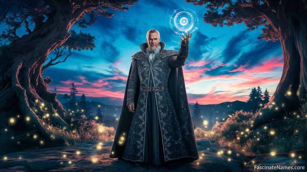  A man in black robes stands, holding a glowing orb that illuminates his face with a mysterious light.