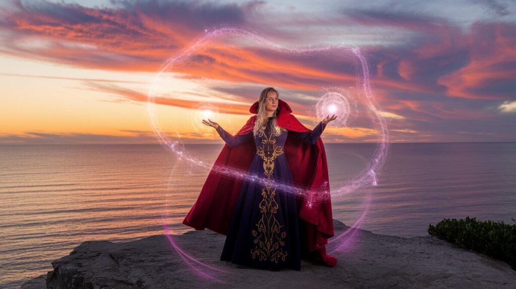  A woman in a striking red cloak and cape, confidently holding a magic wand, ready to cast a spell.