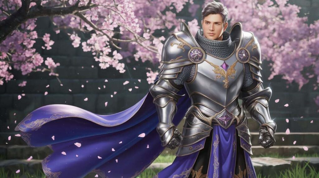 younger Paladin boy wearing a beautiful armor in garden