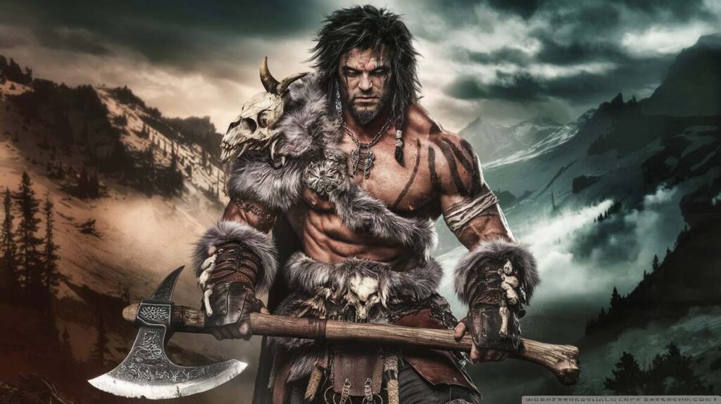 HD wallpaper of Conan the Barbarian, showcasing his fierce look and iconic sword in a dramatic fantasy setting.