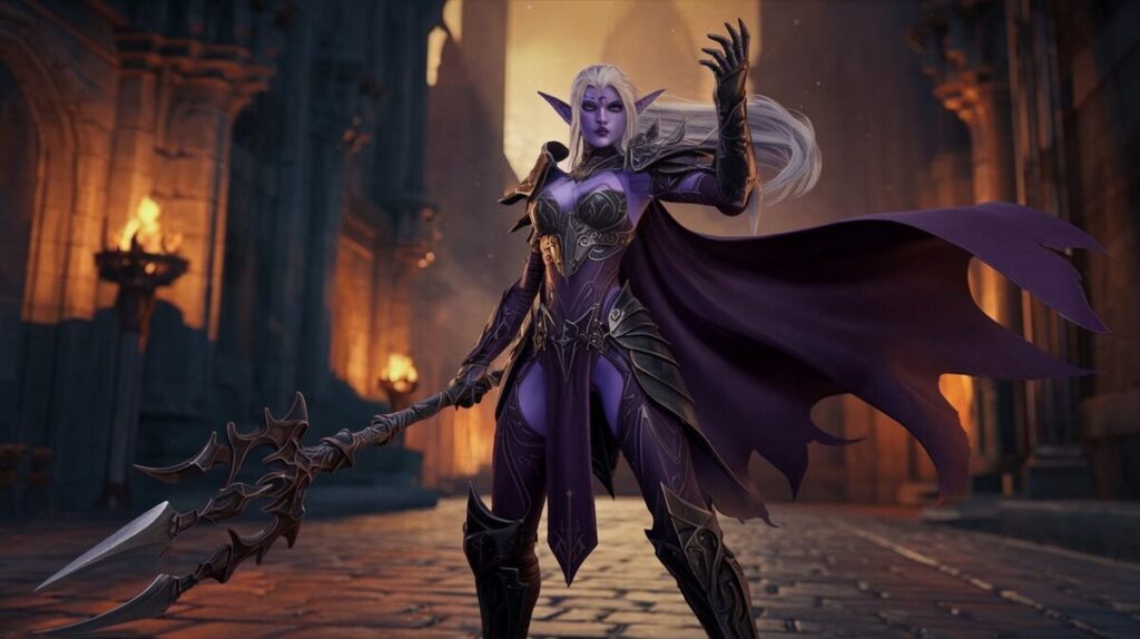 A female elf with striking purple hair stands confidently, holding a gleaming sword in her hand.