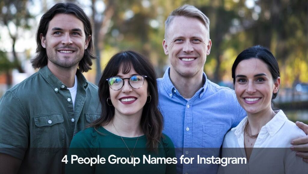 Four friends posing together, showcasing their unique group names for Instagram in a fun and vibrant setting.