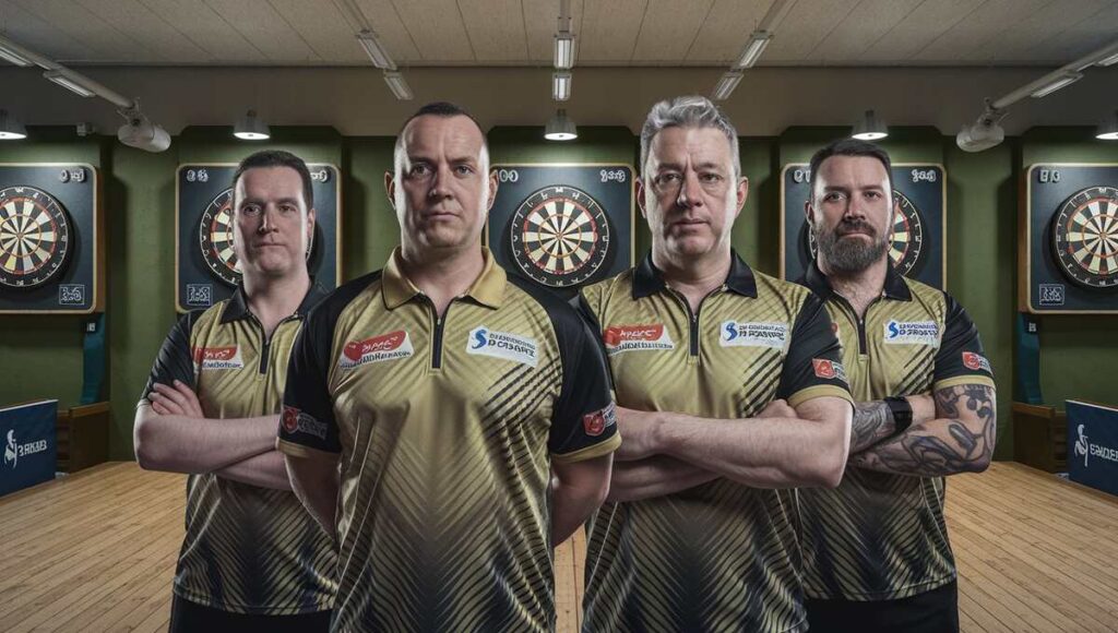 A darts team poses proudly in front of a dartboard, showcasing their camaraderie and competitive spirit.