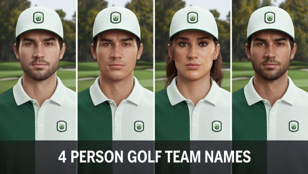 Four individuals in green shirts and hats, showcasing their team spirit for a golf event with "4 person golf team names."