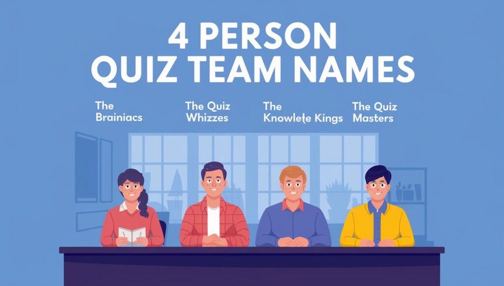 A creative display of four unique quiz team names, showcasing teamwork and fun in a competitive setting.