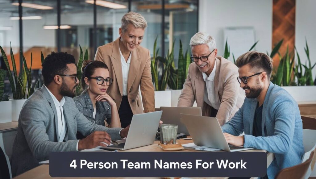 A graphic showcasing creative team names for a four-person work group, emphasizing collaboration and teamwork.