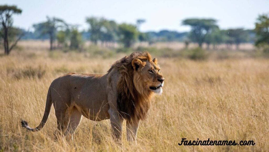 A majestic lion stands proudly in the center of a vast, open field, showcasing its strength and beauty.