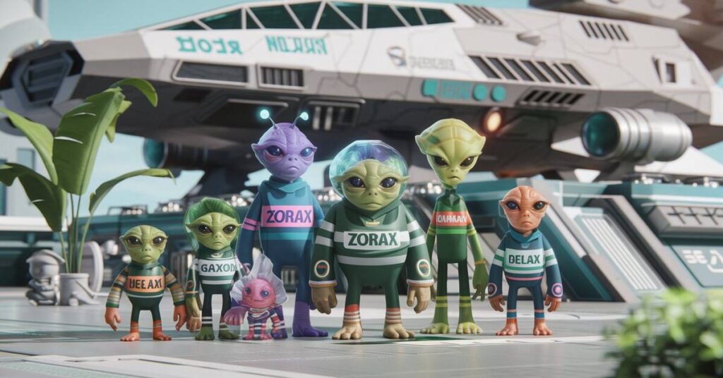 A group of colorful aliens gathered in front of a shiny spaceship, looking excited and ready for an adventure.