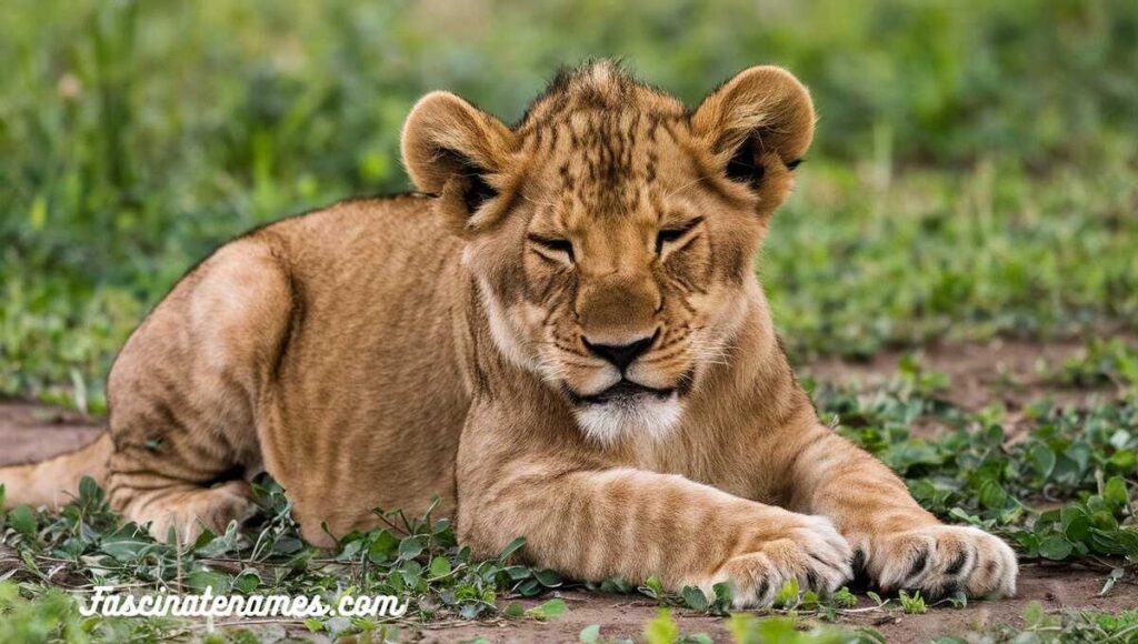 A young lion cub sprawled out on the grass, looking relaxed and adorable in its natural habitat.