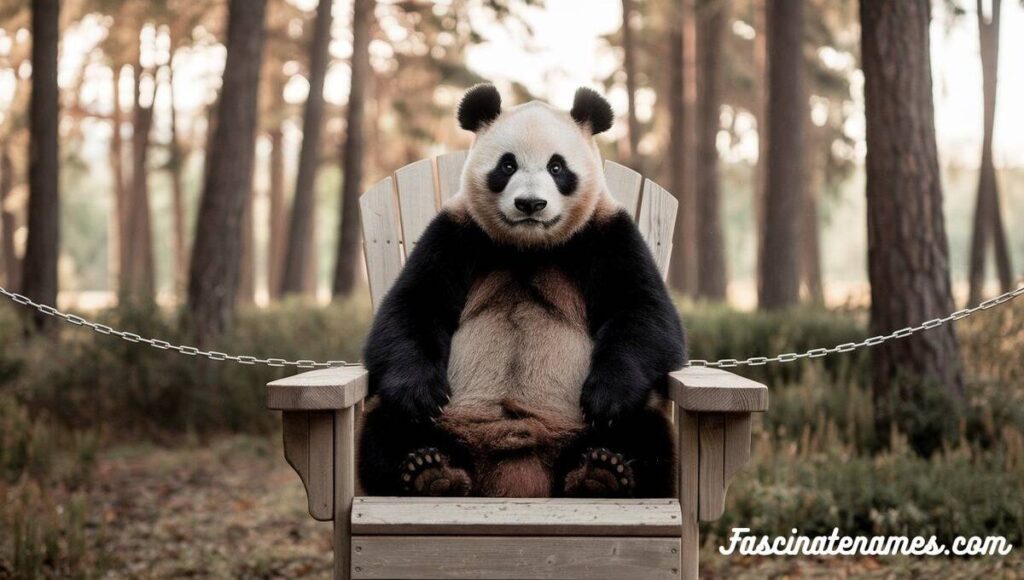 A panda bear relaxing on a chair surrounded by lush greenery in a serene forest setting.