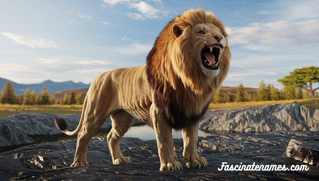 A majestic lion roaring powerfully in the wild, showcasing its strength and dominance in its natural habitat.