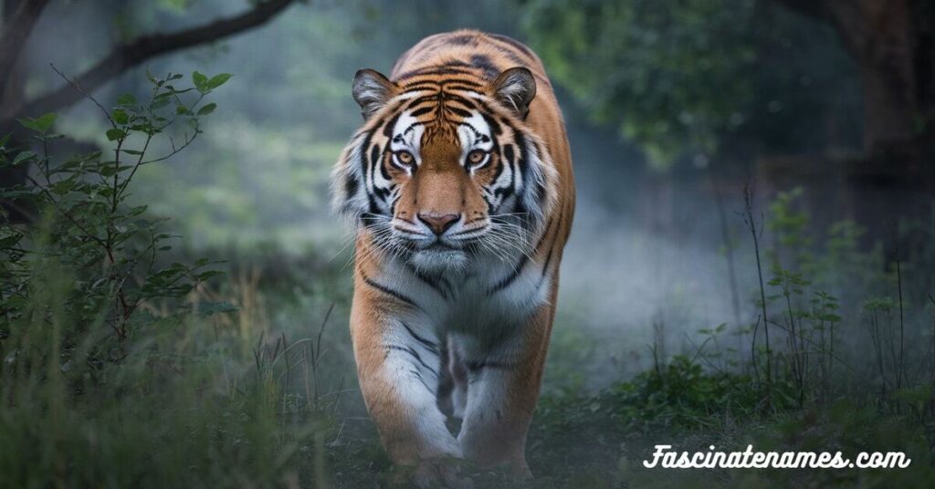 A tiger strides gracefully through a dense forest, surrounded by lush greenery and dappled sunlight.