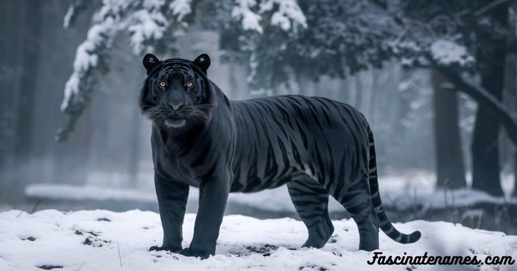 A striking black tiger gracefully prowls through a snowy landscape, showcasing its unique fur against the white backdrop.
