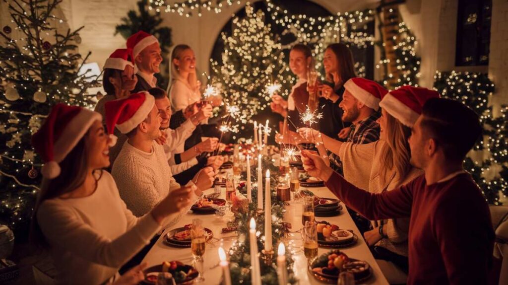 A joyful group of people gathered around a dinner table, celebrating Christmas with food, laughter, and festive decorations.