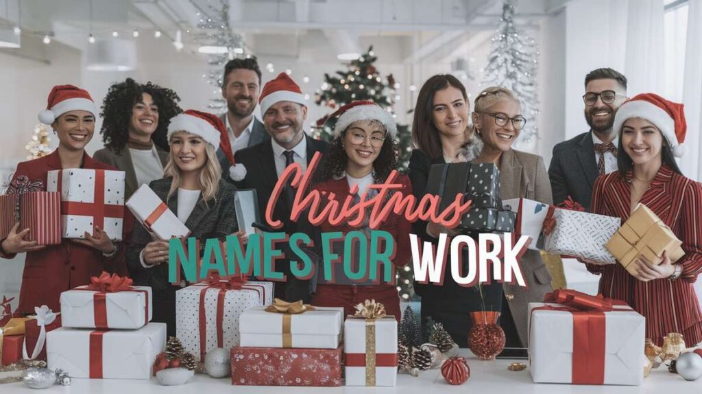 A festive display of Christmas-themed name tags for a workplace celebration, featuring colorful designs and holiday motifs.