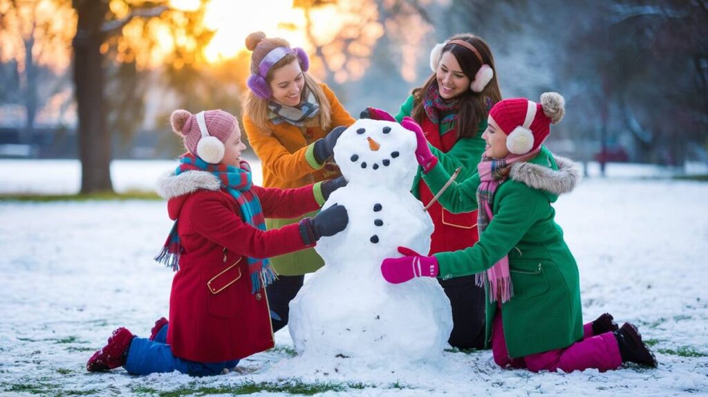 Three girls dressed in winter clothing happily creating a snowman together in the snow.