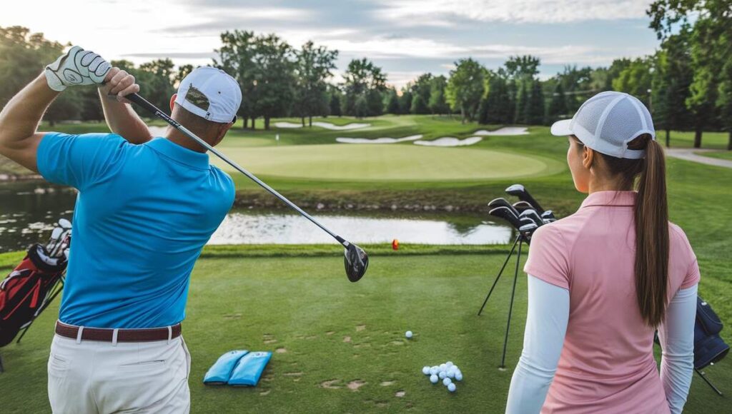 A couple playing golf on a lush green course, showcasing teamwork and enjoyment in the sport.