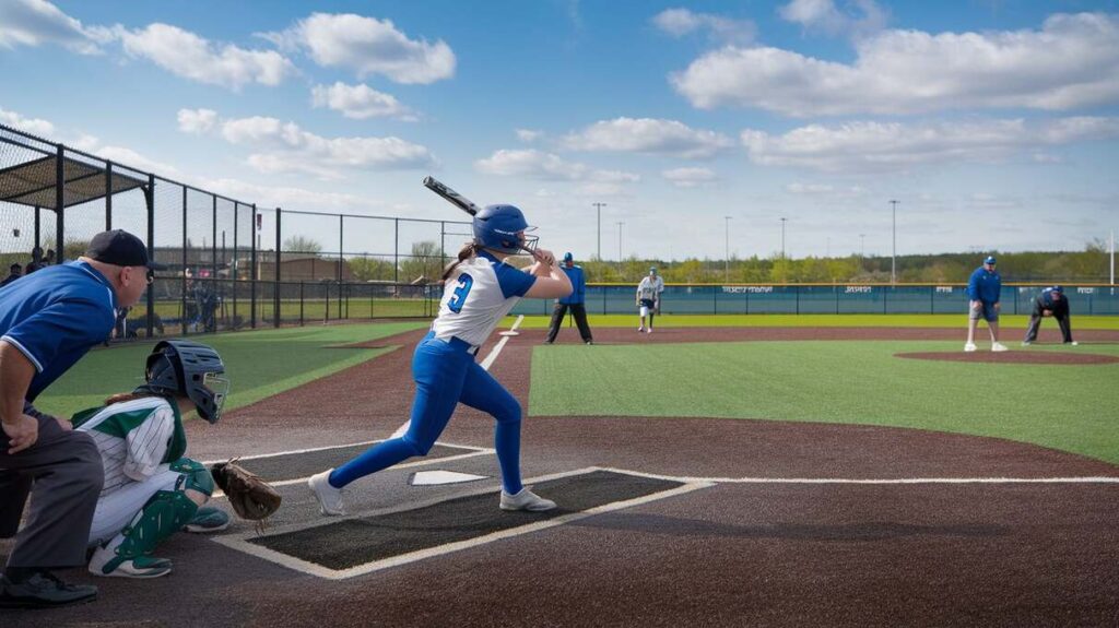 A baseball player in mid-swing, connecting with a pitch during an intense game on the field.