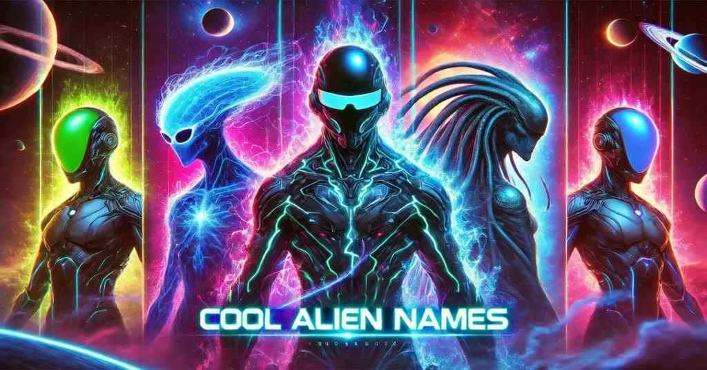 A collection of unique and creative alien names displayed in a colorful, futuristic font against a starry background.