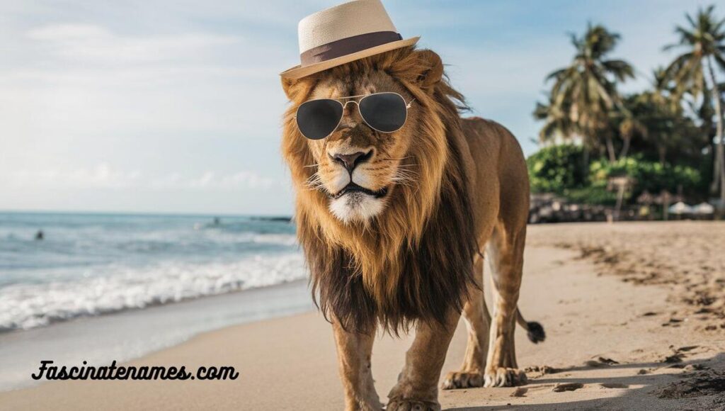 A stylish lion sporting sunglasses and a hat, chilling on the beach with a laid-back attitude.