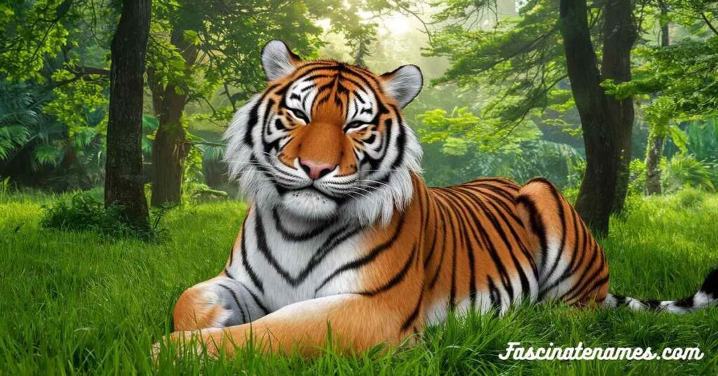 A tiger resting in lush green grass within a serene forest setting, showcasing its vibrant orange and black stripes.