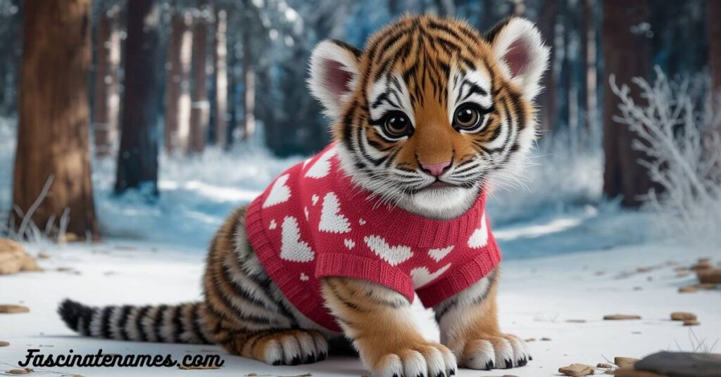 A playful tiger cub in a cozy sweater, frolicking in a snowy landscape, showcasing its adorable charm.