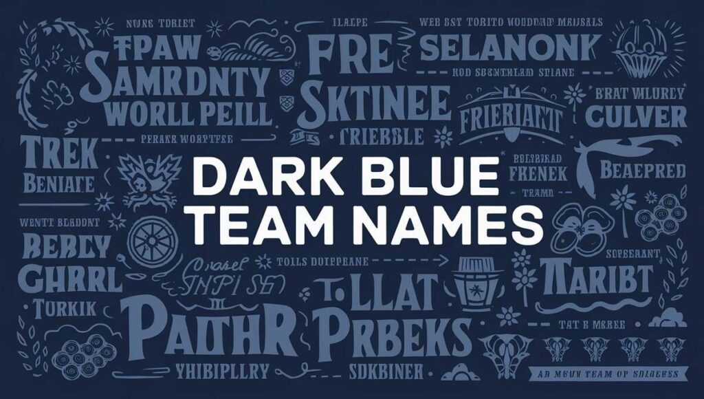 A graphic showcasing various dark blue team names in bold typography against a contrasting background.