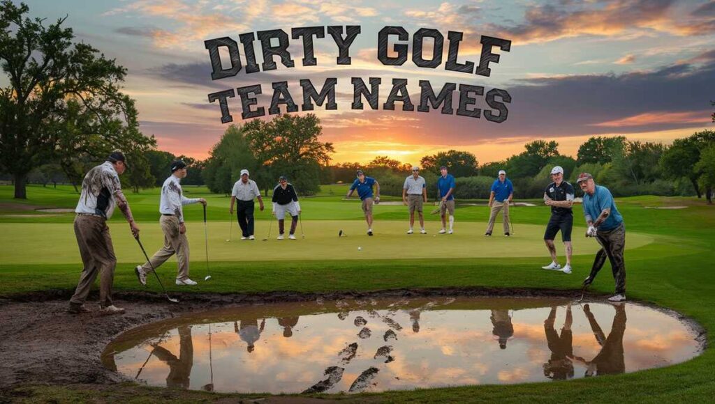 A diverse group of individuals engaged in a golf game, featuring the text "dirty golf team names" in the background.