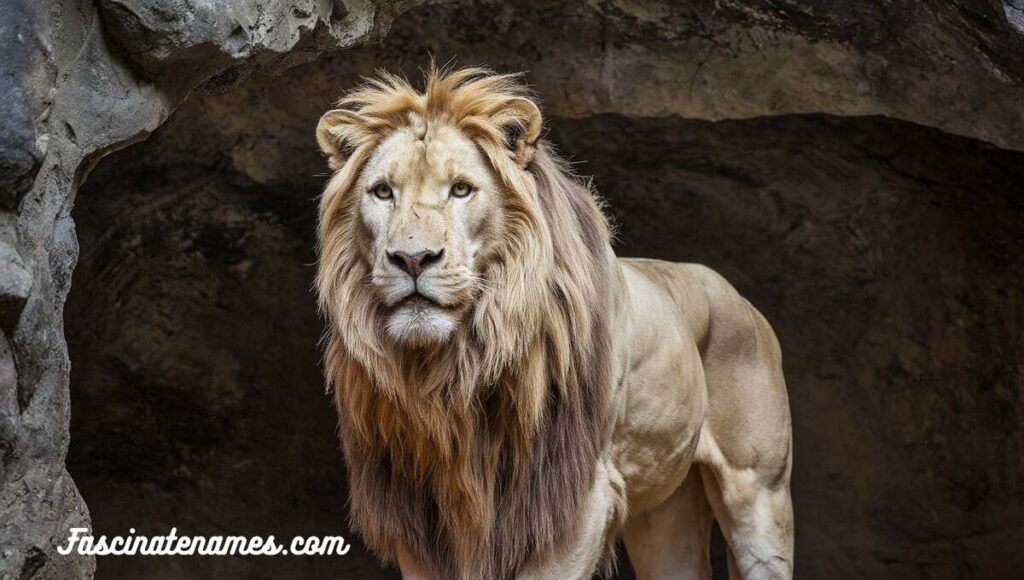 A powerful lion poses at the entrance of a cave, embodying the spirit of the wilderness and its natural habitat.
