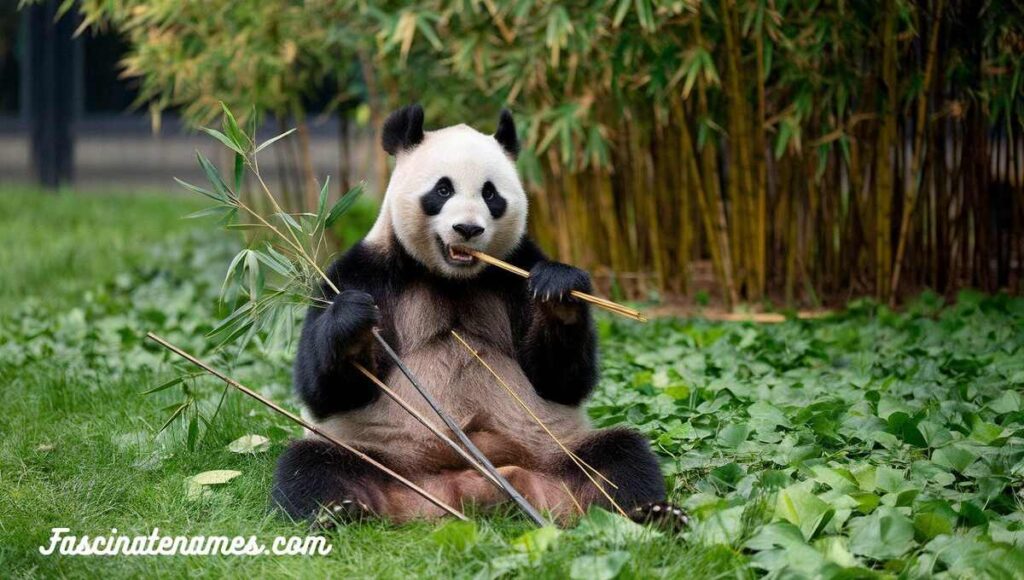 A cute panda bear munching on bamboo sticks while sitting in a grassy area, enjoying its meal in a serene setting.