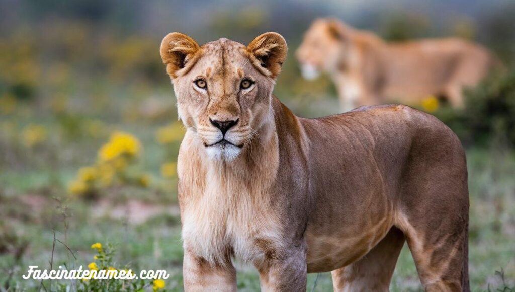 A majestic lioness resting in the wild, surrounded by tall grass and the beauty of her natural habitat.