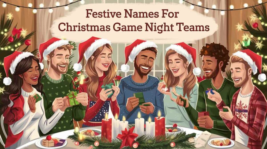 A colorful graphic showcasing creative team names for a festive Christmas game night.