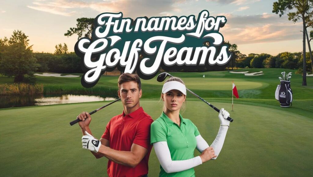 Two individuals smiling with golf clubs, showcasing creative names for golf teams in a playful setting.
