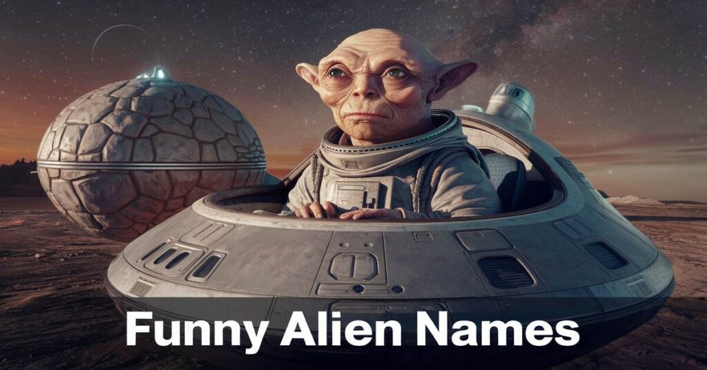 A collection of quirky and humorous alien names displayed in colorful text bubbles, sparking laughter and creativity.