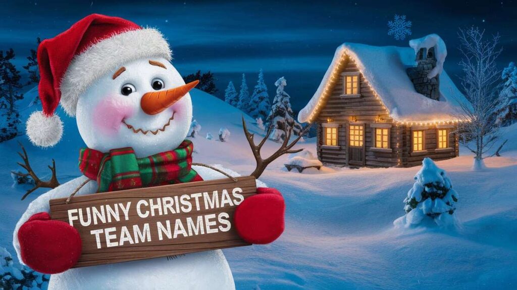 Creative and funny Christmas team names showcased with colorful holiday-themed graphics and cheerful designs.
