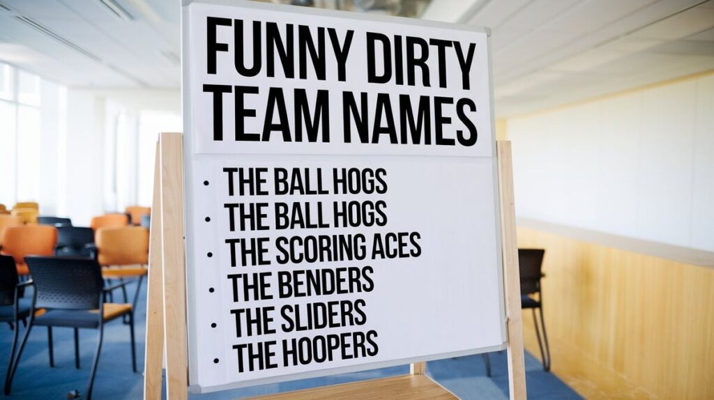 A humorous collection of creative and cheeky team names displayed on a colorful background, evoking laughter and fun.