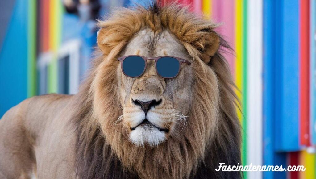 A stylish lion with sunglasses stands in front of a bright, colorful wall, exuding a laid-back vibe.