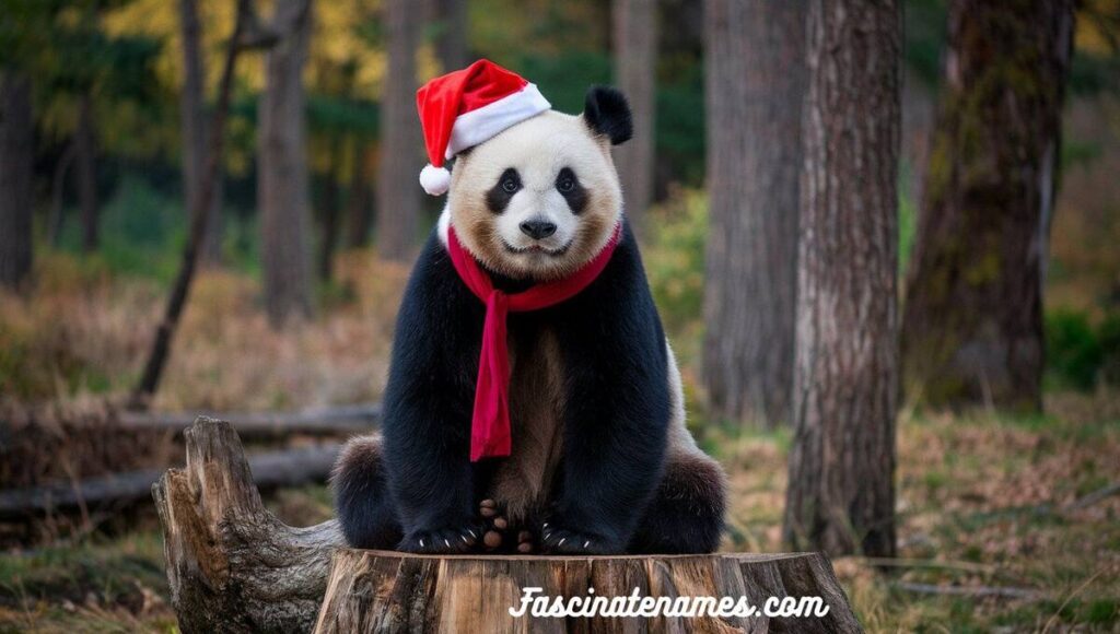 A cute panda bear in a Santa hat sitting on a tree stump, ready for the holiday season.