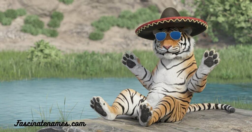 A stylish tiger dons sunglasses and a sombrero while perched on a rock, showcasing a unique blend of coolness and charm.