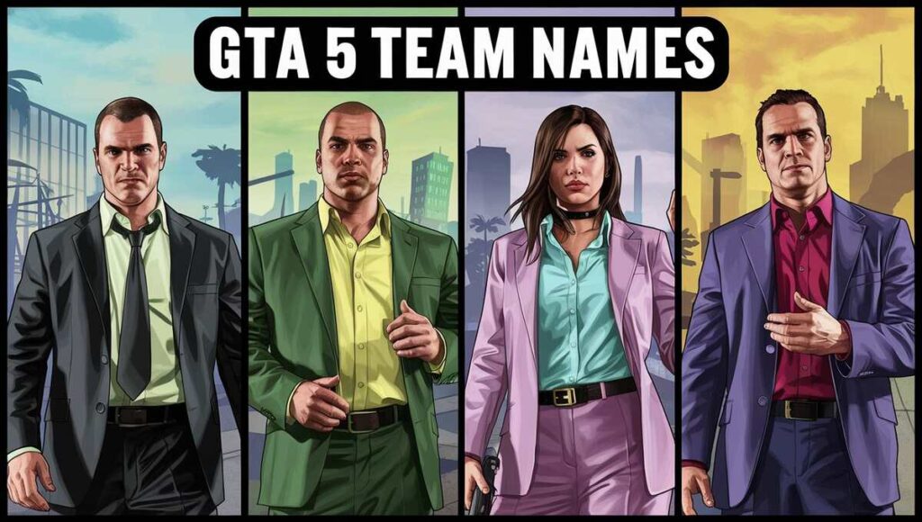 A graphic showcasing various team names from GTA 5, highlighting creativity and collaboration in gameplay.