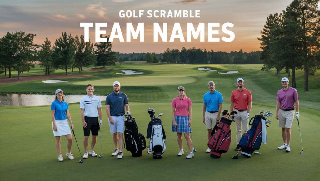 A creative display of various golf scramble team names on a vibrant background, showcasing team spirit and camaraderie.