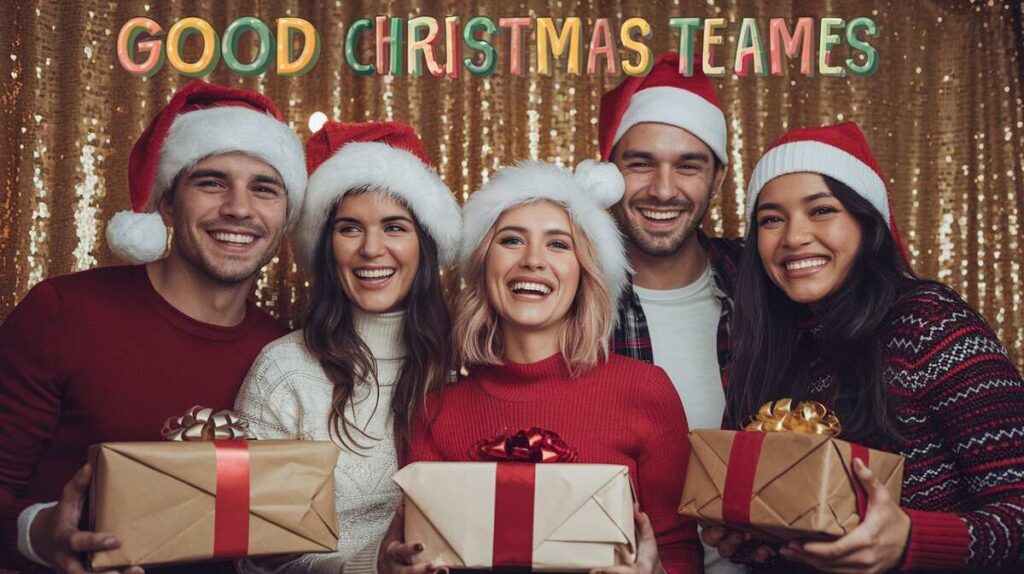 A diverse group of people joyfully holding colorful Christmas presents, celebrating the festive season together.