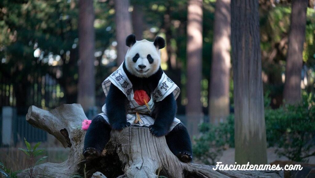 A panda bear in a colorful traditional costume sits playfully on a tree stump, surrounded by nature.