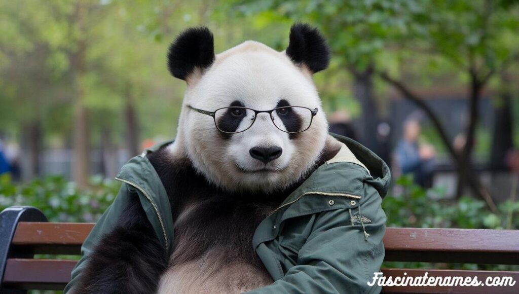 A cute panda bear in glasses relaxing on a bench, enjoying a peaceful moment in the park.