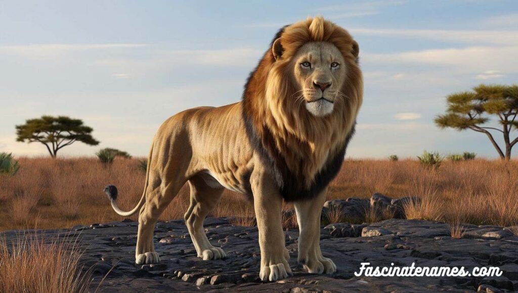 A majestic lion stands proudly in the center of a vast, open field, showcasing its strength and beauty.