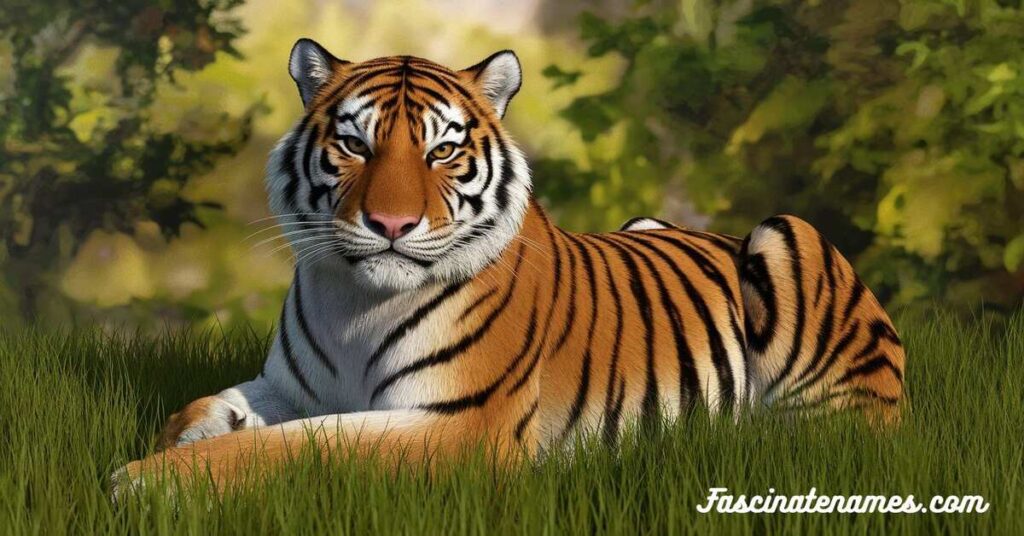 A tiger lounging in the grass, with lush trees providing a serene backdrop in its natural environment.