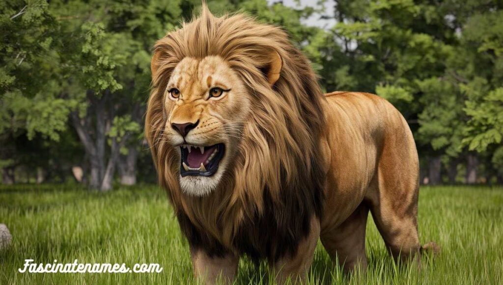 A lion stands proudly in the grass, letting out a powerful roar that echoes through the savanna.